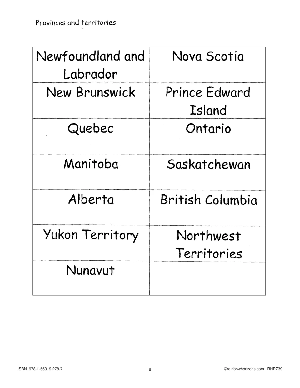 Province and territory cards for the game: all 13 names, from Newfoundland and Labrador to Nunavut