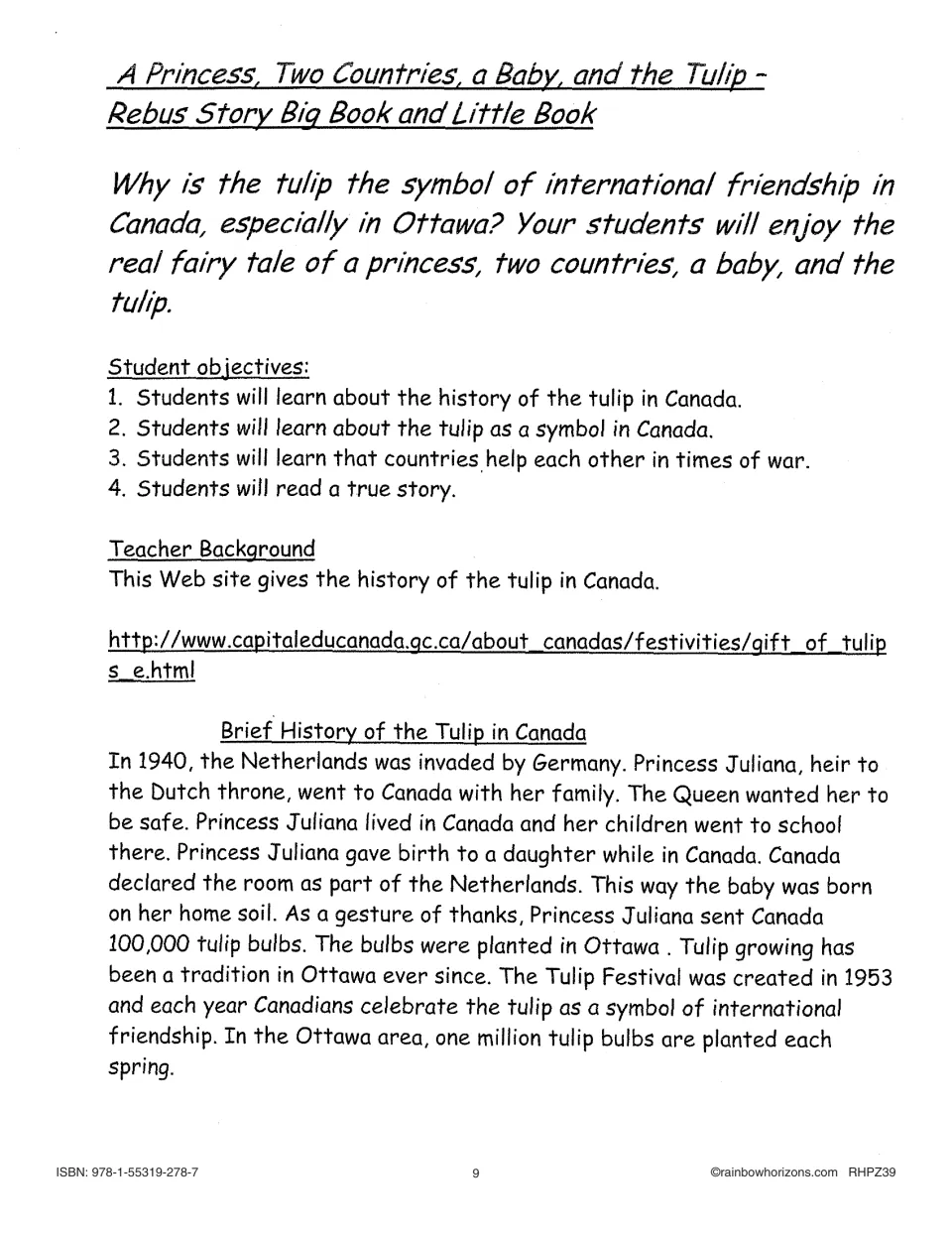 Tulip rebus story lesson: four objectives and a history of Princess Juliana's gift of 100,000 tulip bulbs