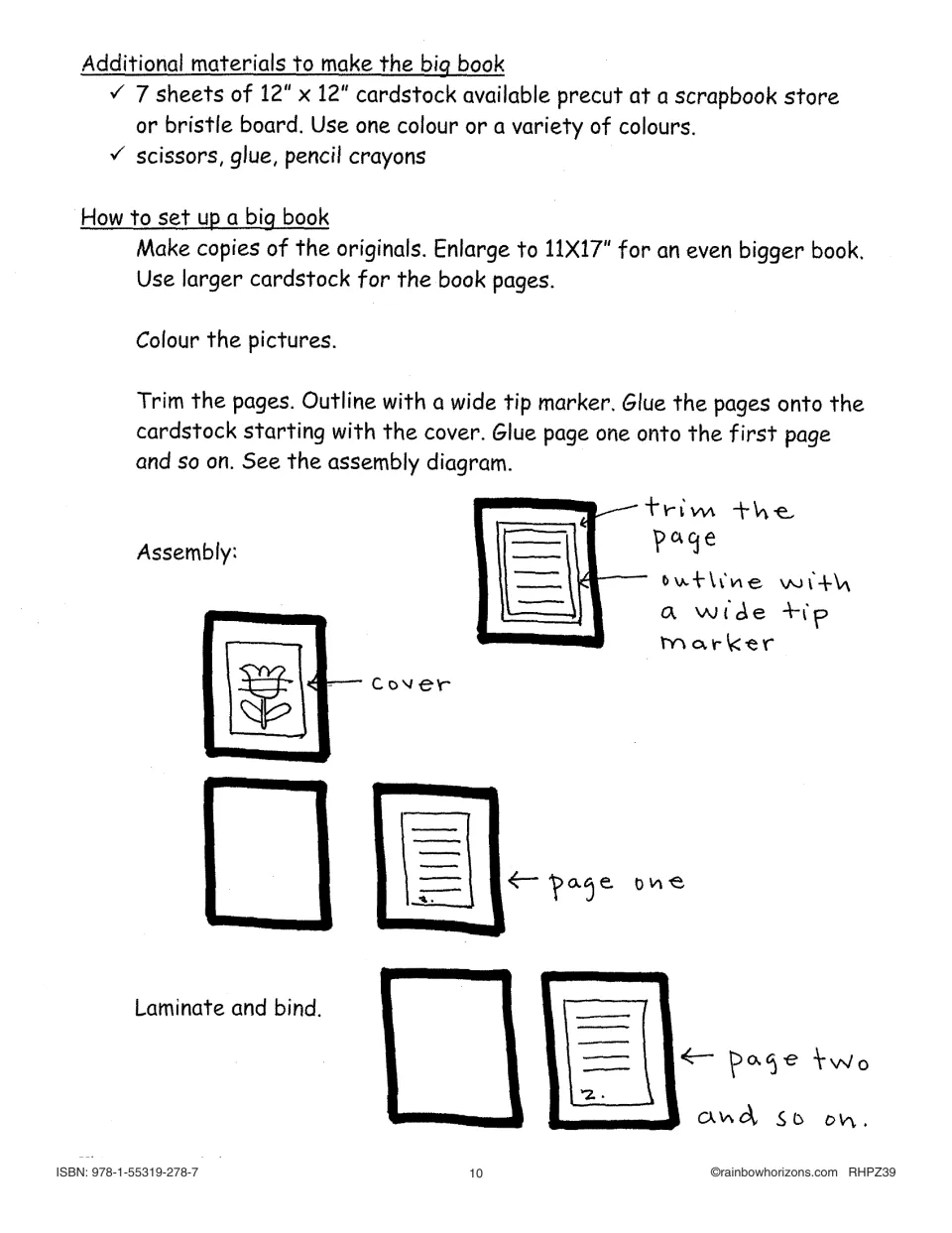 Big book setup for the tulip story: seven 12 x 12 inch cardstock sheets, steps, and a labeled assembly diagram