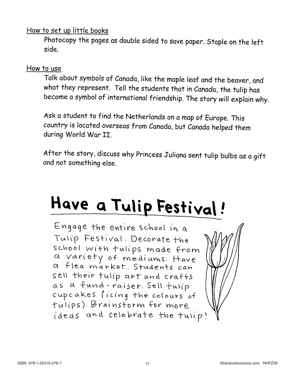 Little book setup and how-to-use notes on the tulip as a symbol of friendship, plus a 'Have a Tulip Festival!' idea
