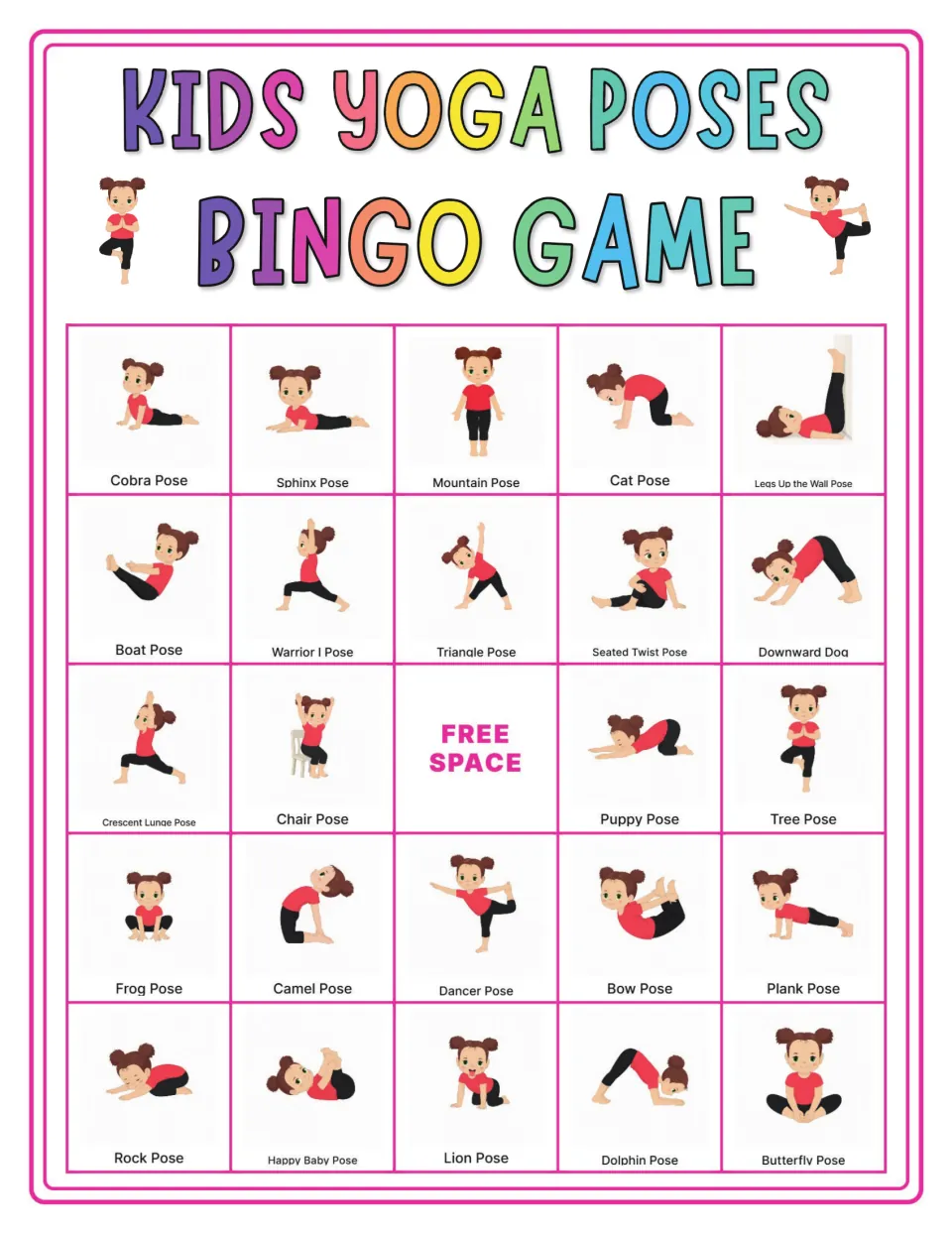 Yoga pose bingo card: students mark called poses, starting with Cobra, Sphinx, Mountain, Cat and Legs Up the Wall