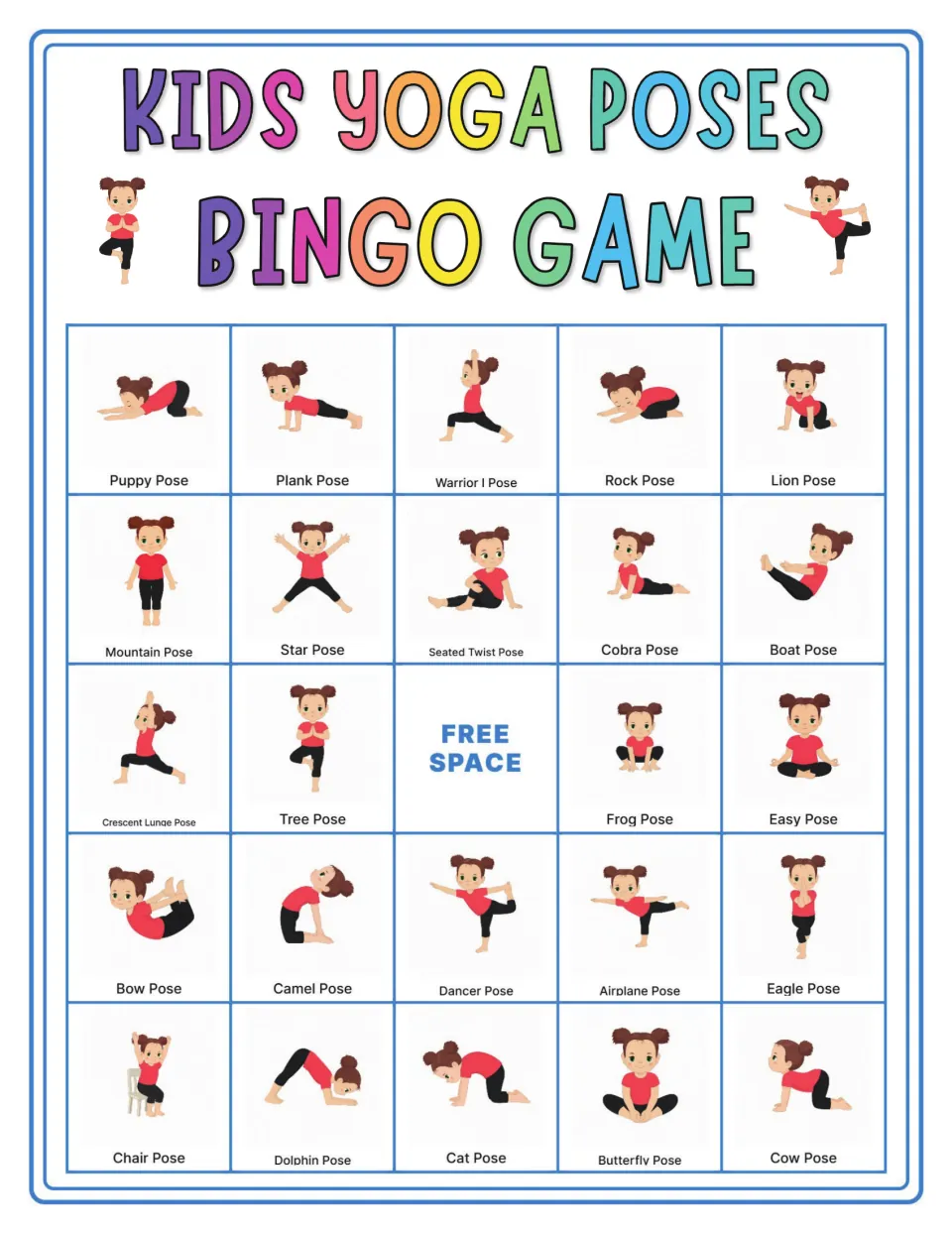 Yoga bingo card to mark called poses: Puppy, Plank, Warrior I, Rock and Lion on top, plus Star, Easy, Eagle and Cow