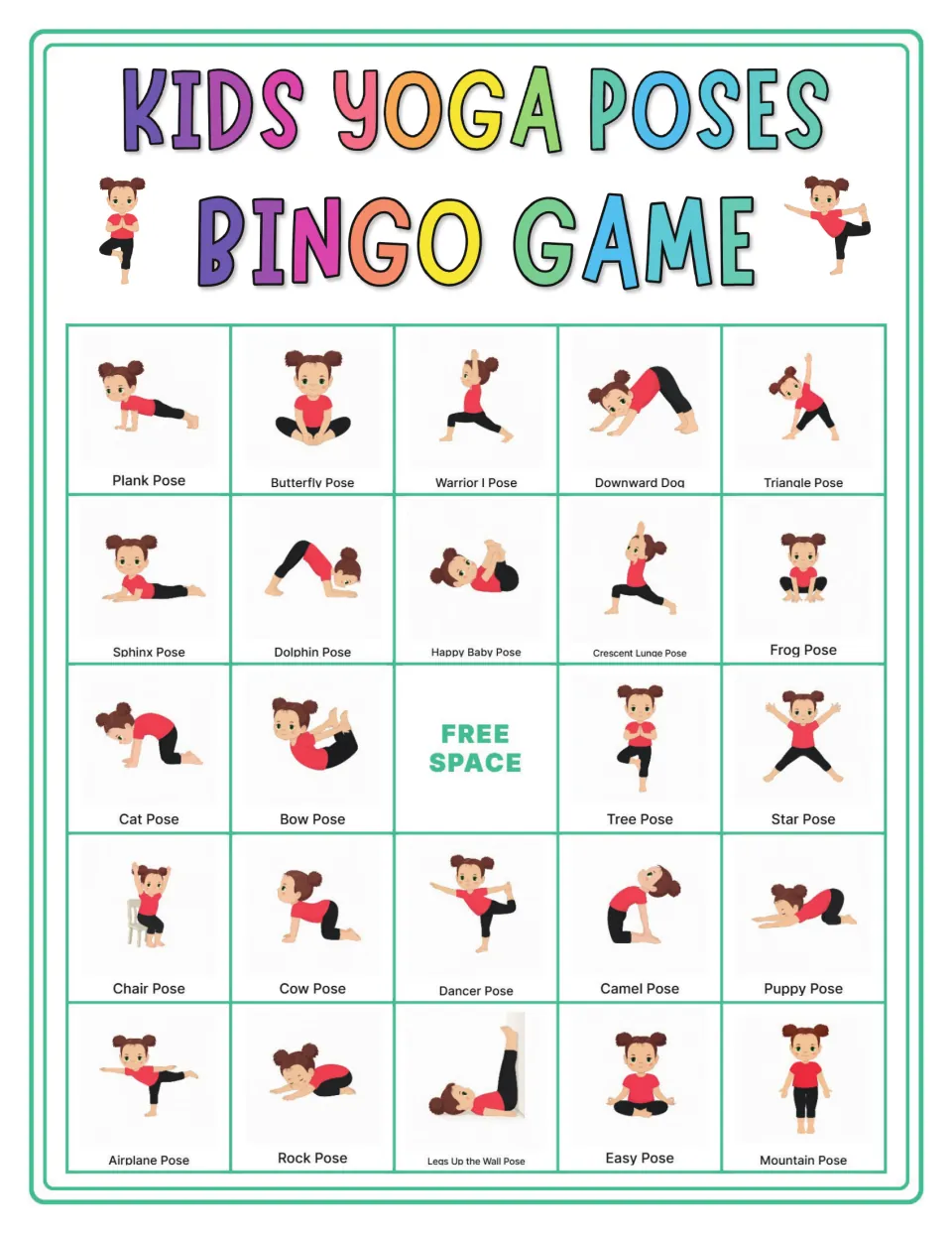 Yoga bingo card starting with Plank, Butterfly, Warrior I, Downward Dog and Triangle; players find each called pose
