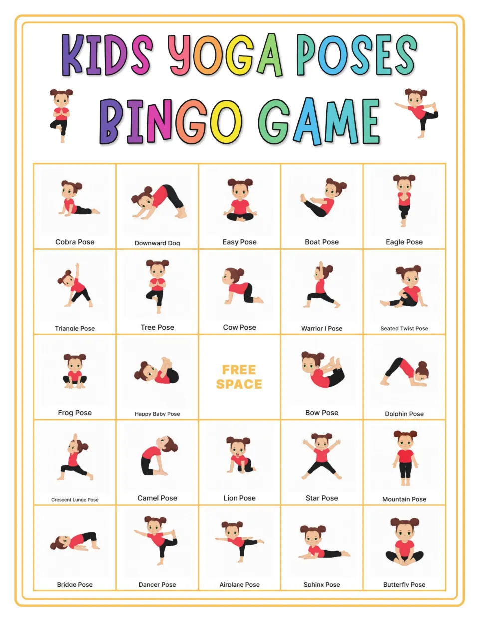 Yoga bingo card opening with Cobra, Downward Dog, Easy, Boat and Eagle poses, with Bridge, Lion and Star below