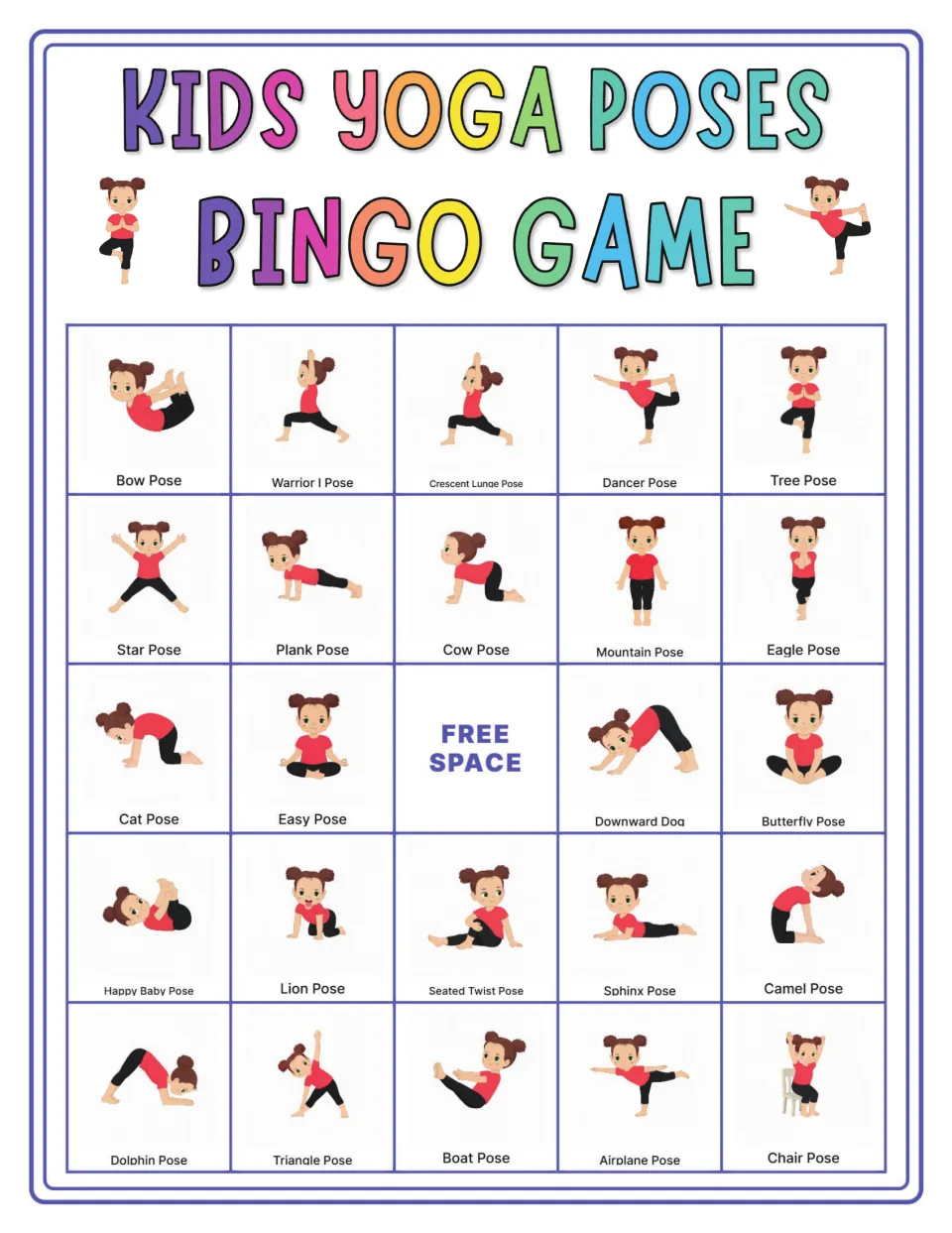 Yoga bingo card led by Bow, Warrior I, Crescent Lunge, Dancer and Tree poses; players cover each pose when it is called