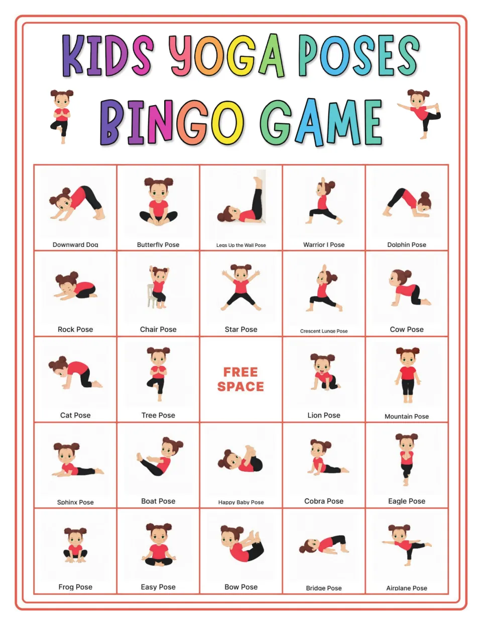 Yoga bingo card beginning with Downward Dog, Butterfly, Legs Up the Wall, Warrior I and Dolphin for students to mark