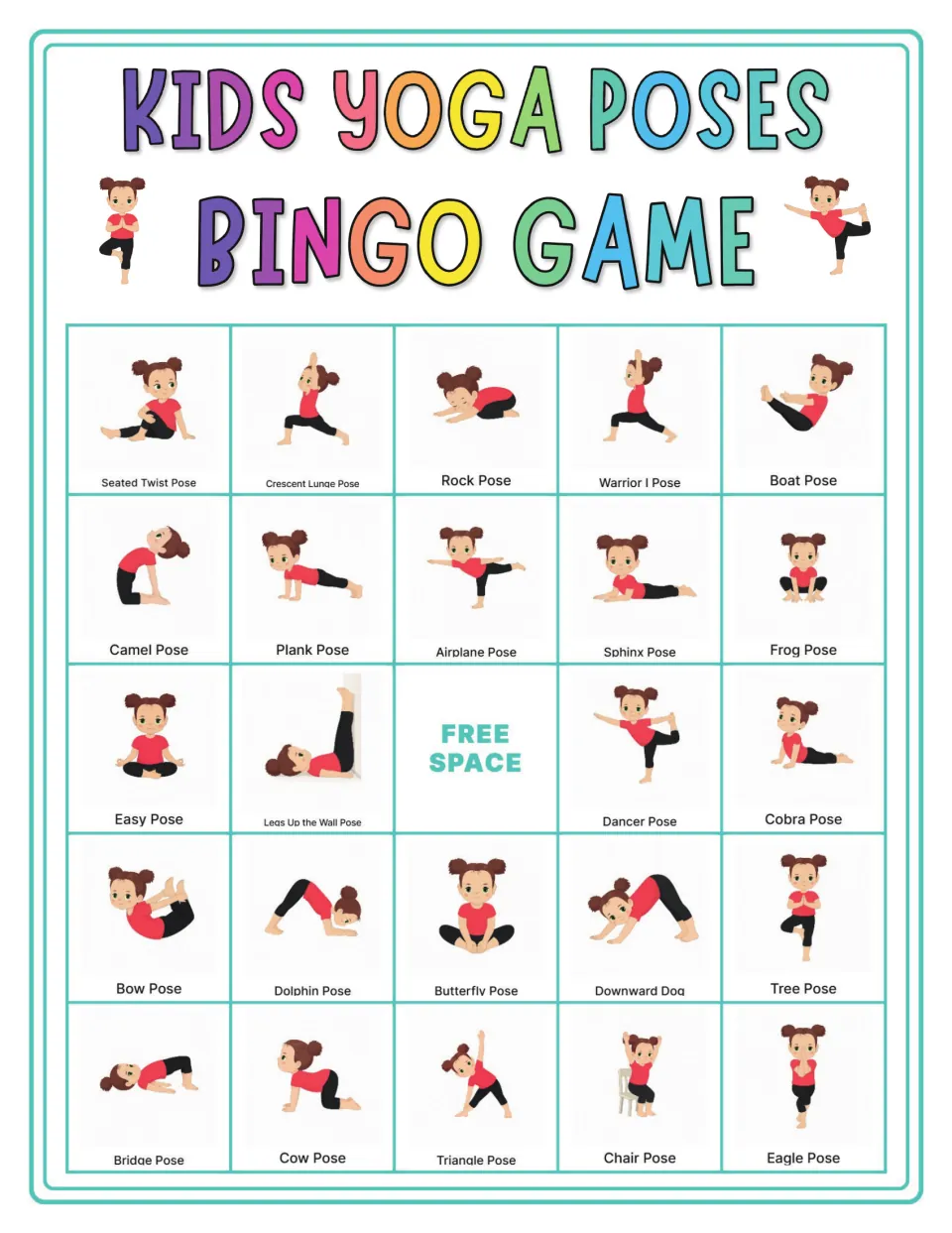 Yoga bingo card topped by Seated Twist, Crescent Lunge, Rock, Warrior I and Boat; Bridge and Chair poses near the end