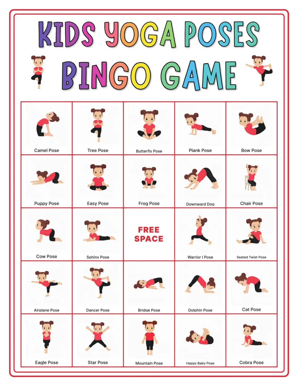 Yoga bingo card to mark as poses are called, opening with Camel, Tree, Butterfly, Plank and Bow plus Happy Baby