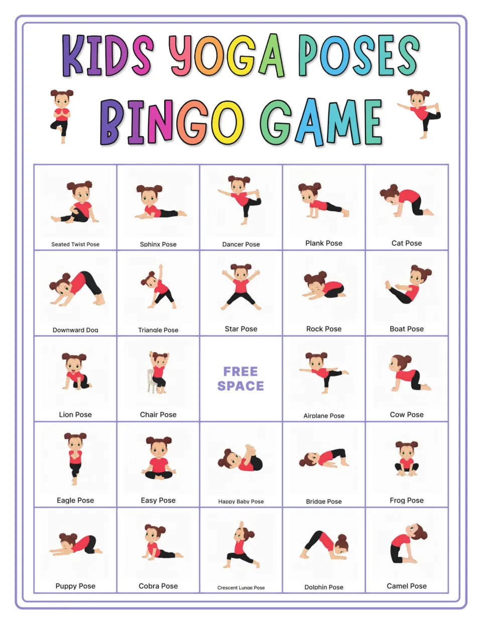 Yoga bingo card with Seated Twist, Sphinx, Dancer, Plank and Cat first, ending with Dolphin and Camel
