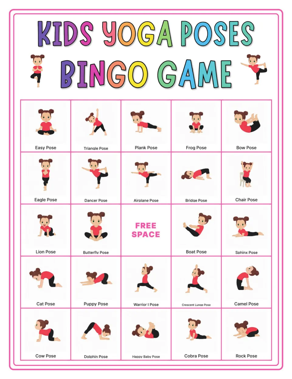 Yoga bingo card whose first row is Easy, Triangle, Plank, Frog and Bow, ending with Cobra and Rock