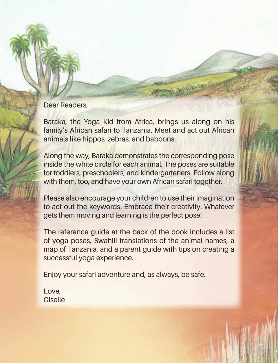 Reader introduction explains Baraka's safari, animal yoga poses, and reference guides at the back of the book
