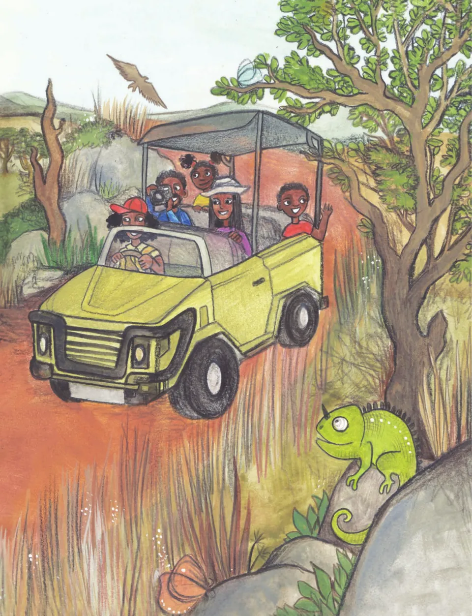 Opening safari story illustration shows Baraka and his family riding in a vehicle through the grasslands