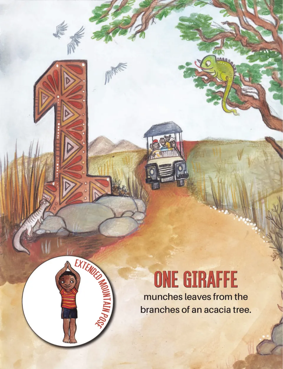 Counting book entry for one giraffe pairs eating acacia leaves with Baraka demonstrating Extended Mountain Pose