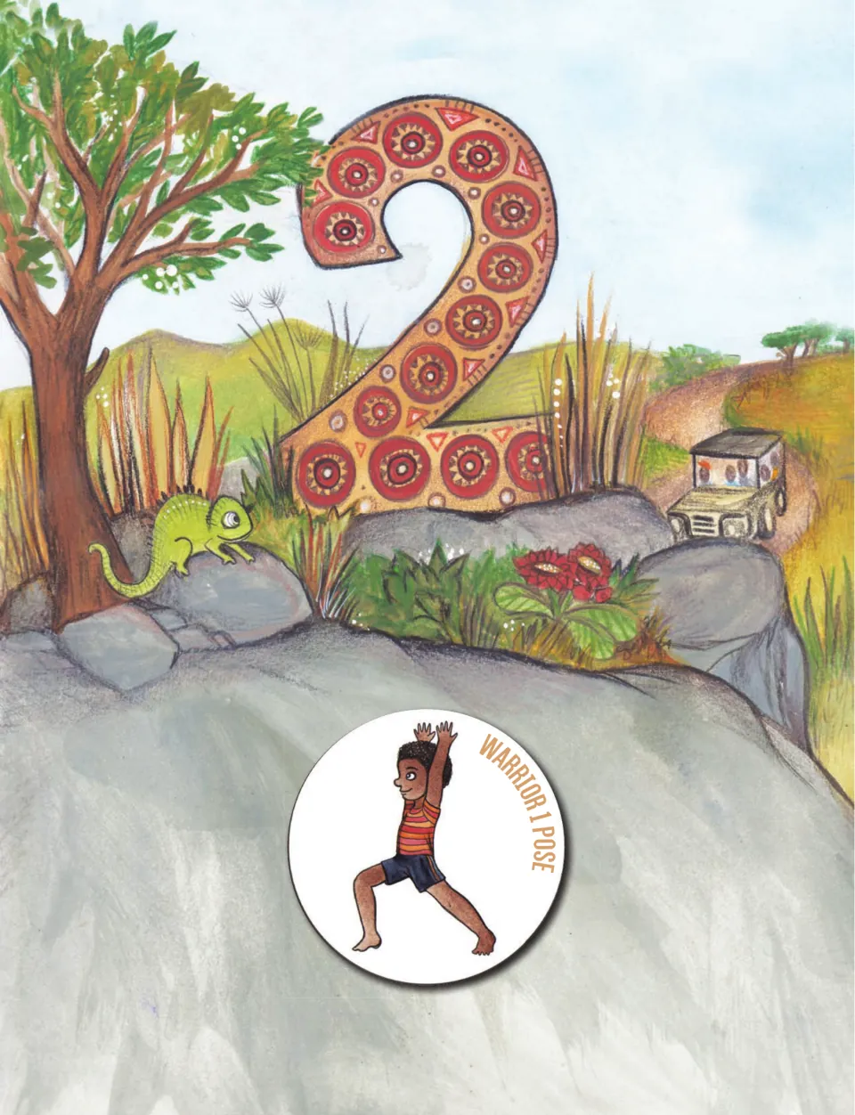 Counting book entry for two shows the numeral 2 and Baraka demonstrating Warrior 1 Pose for the safari sequence