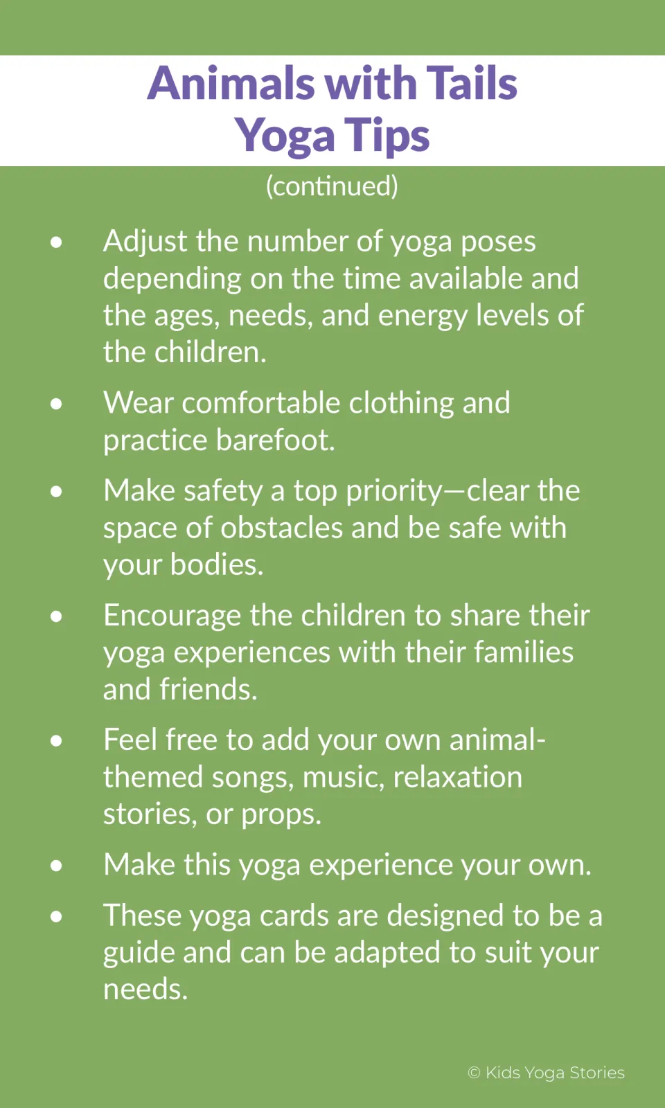 Yoga tips continued: fit pose count to time and energy, practice barefoot, clear the space for safety, add songs or props