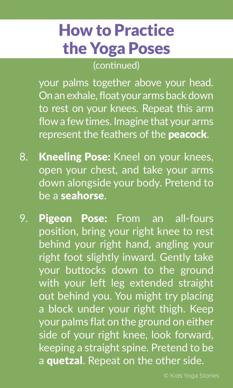 Pose steps 7-9: Hero Pose arm flow as peacock feathers, Kneeling Pose as a seahorse, and Pigeon Pose as a quetzal