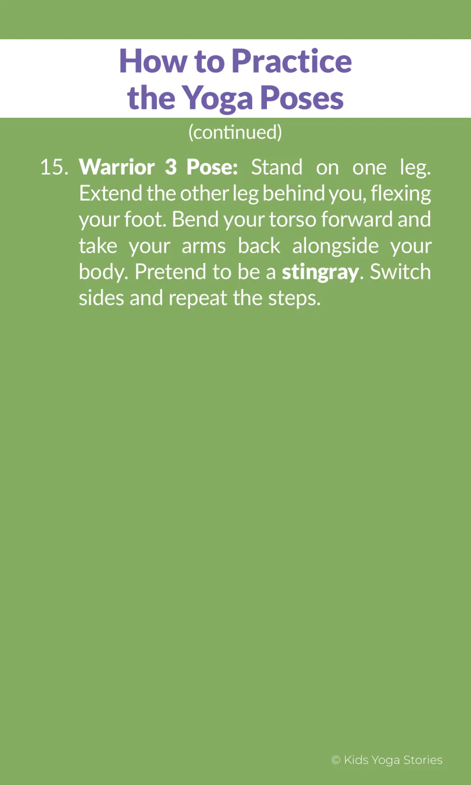 Final pose step 15: Warrior 3 Pose, balancing on one leg with torso forward and arms back, pretending to be a stingray