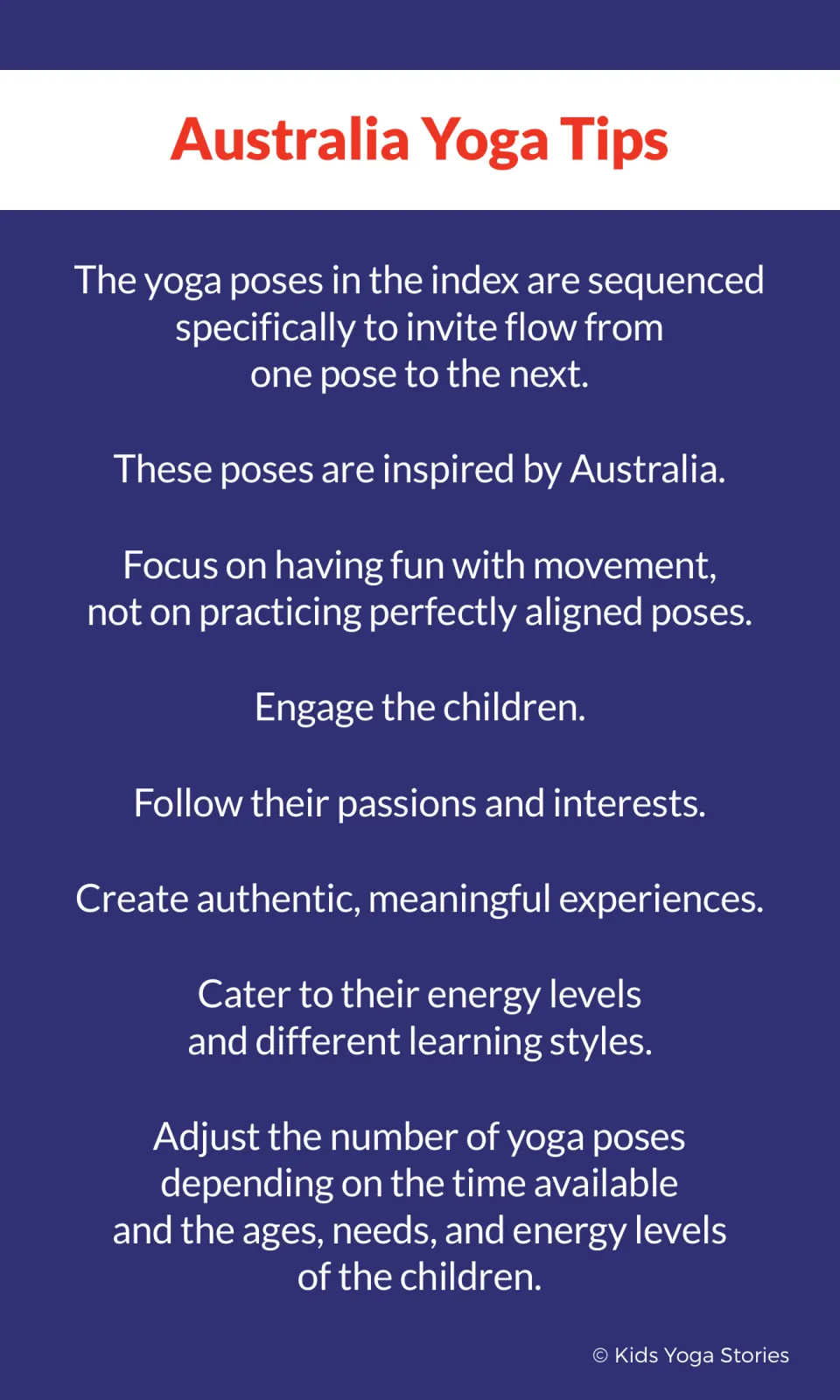 Australia Yoga Tips: index poses are sequenced to flow; focus on fun, not perfect alignment, and adjust the number of poses