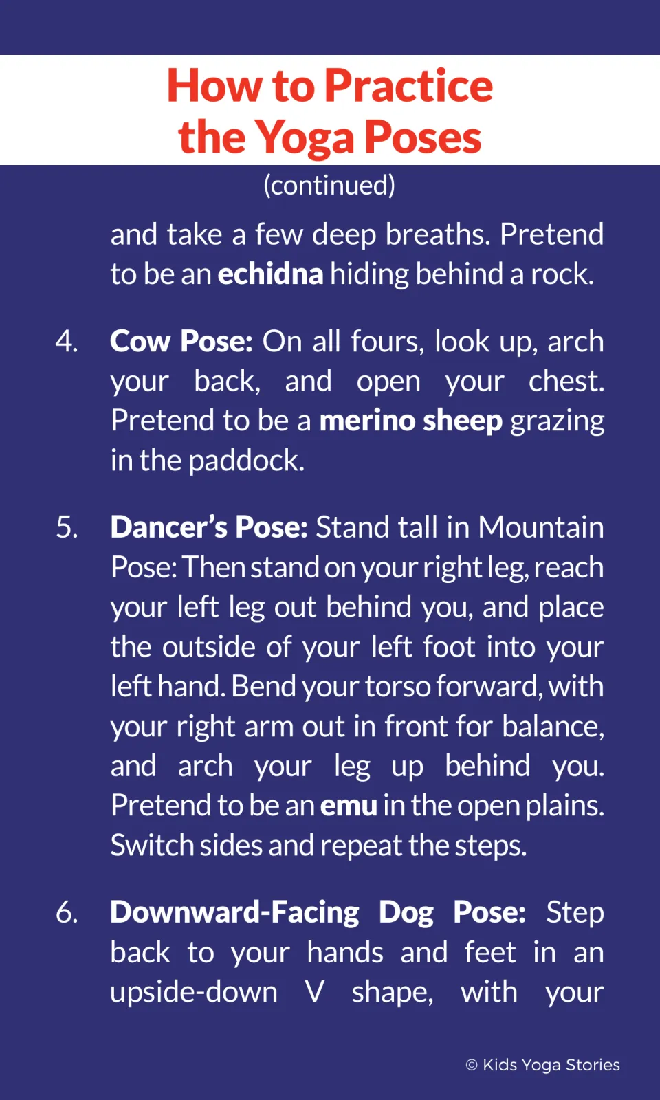 Pose directions continued: Cow Pose as a merino sheep, Dancer's Pose as an emu, and the start of Downward-Facing Dog Pose