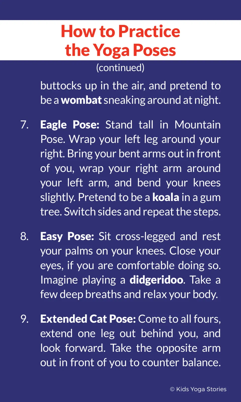 Pose directions: Downward Dog as a wombat, Eagle Pose as a koala in a gum tree, Easy Pose with a didgeridoo, Extended Cat