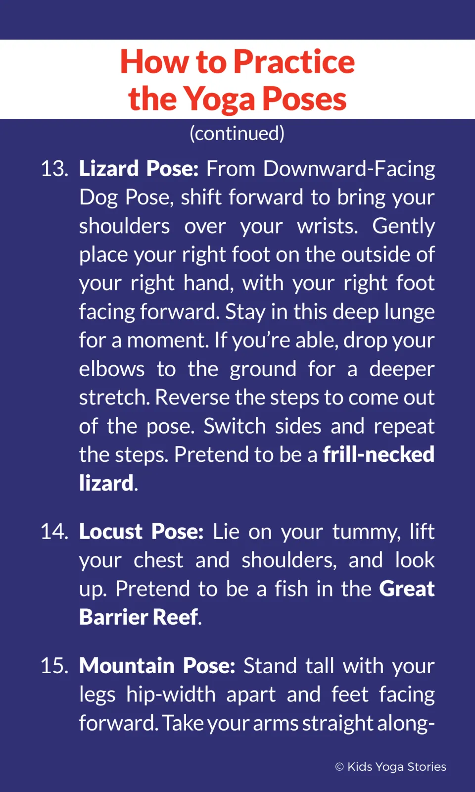 Pose directions: Lizard Pose as a frill-necked lizard, Locust Pose as a fish in the Great Barrier Reef, and Mountain Pose
