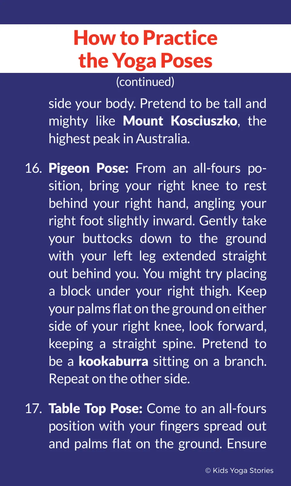 Pose directions: Mountain Pose as Mount Kosciuszko, Pigeon Pose as a kookaburra on a branch, and part of Table Top Pose