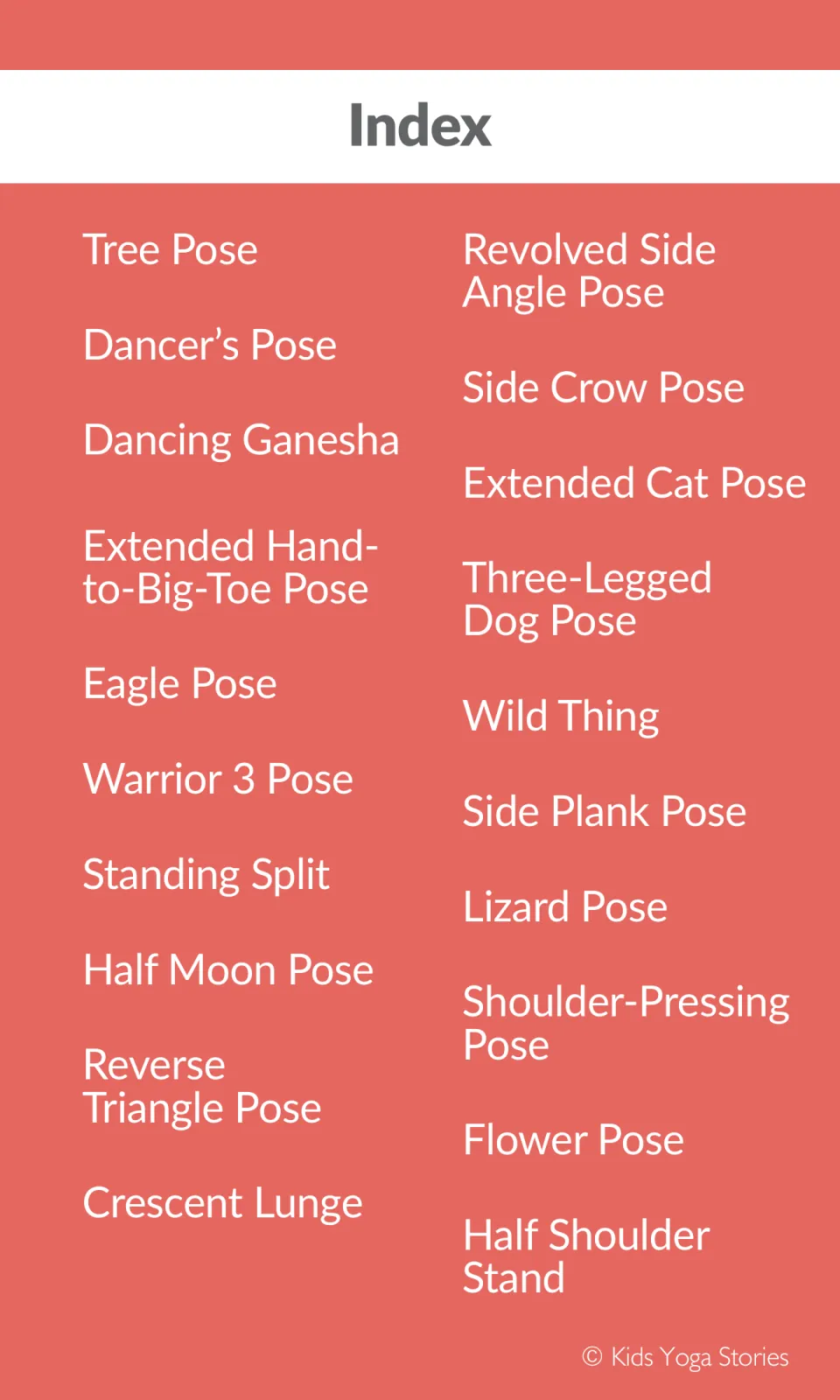 Index of the 20 balancing poses in order, from Tree Pose and Dancer's Pose through Side Plank to Half Shoulder Stand