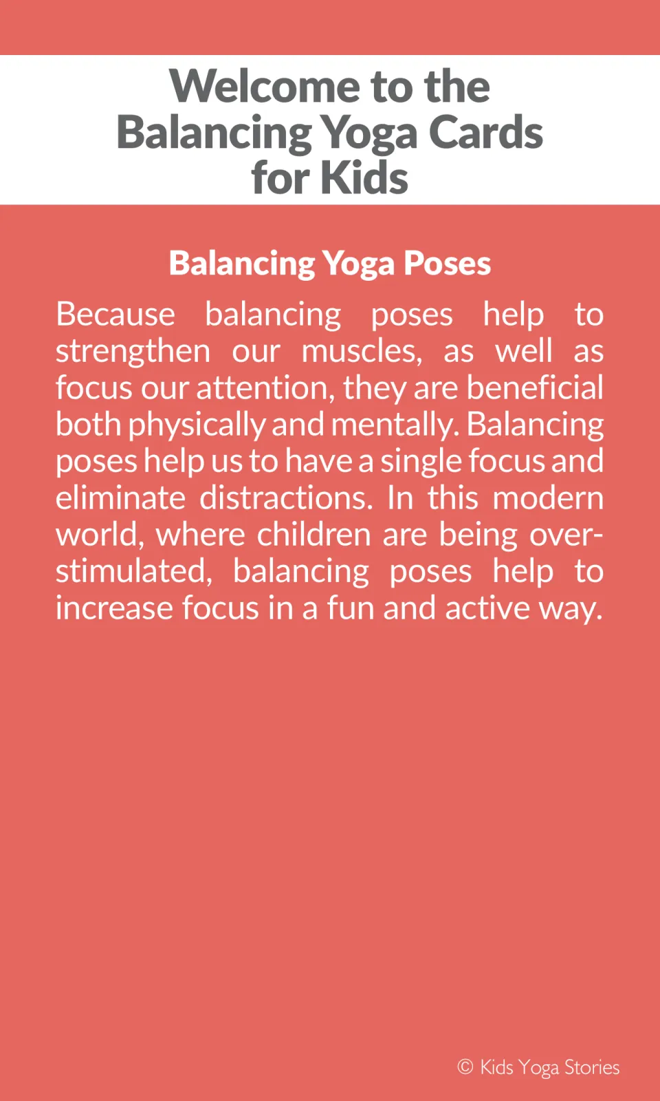 Welcome page, Balancing Yoga Poses: a paragraph explaining why the card set centers on poses that need balance and focus