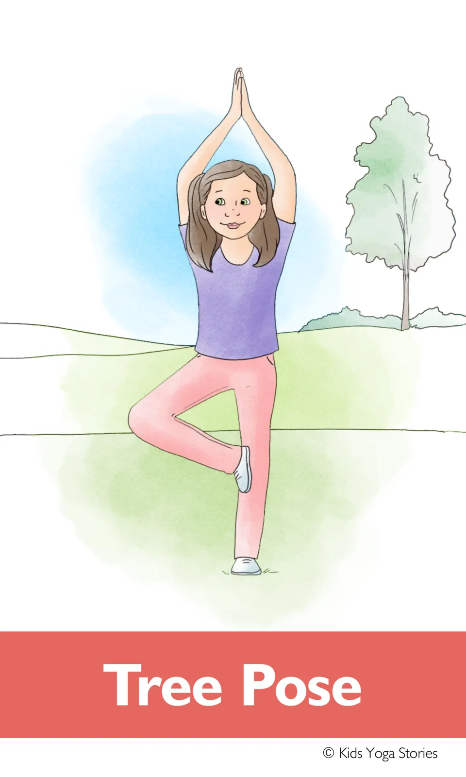 Tree Pose picture card: a girl in a park stands on one leg, foot pressed to her other leg and palms joined above her head