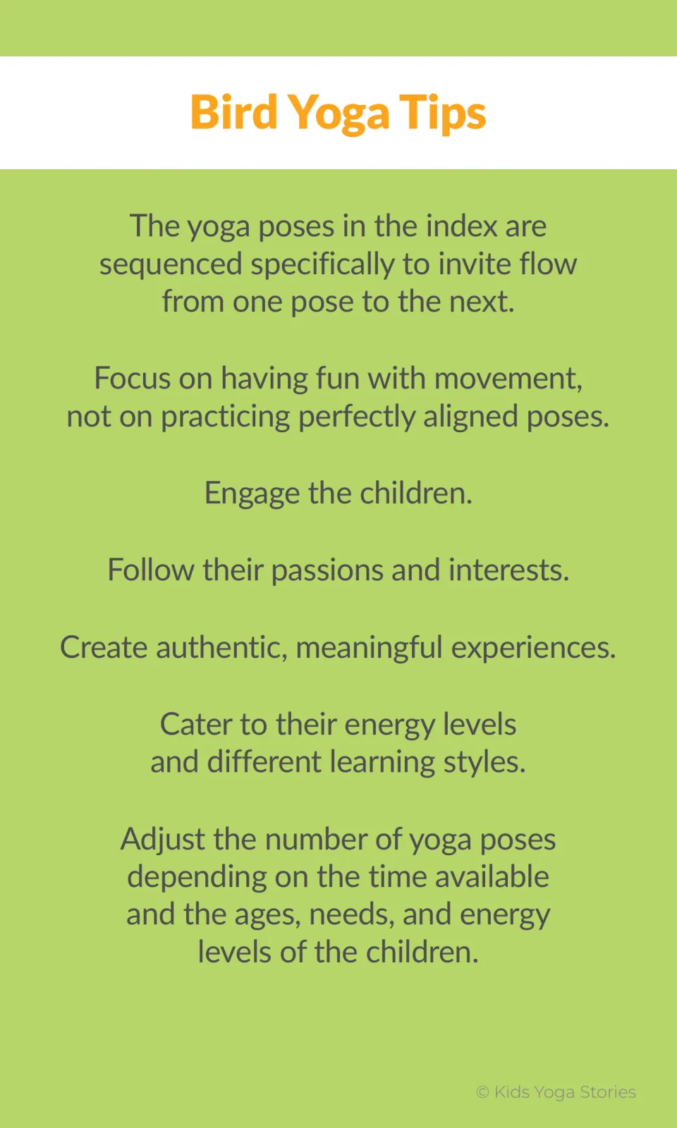 Bird yoga tips for leading kids: flow through the poses in index order, focus on fun over alignment, adjust how many poses