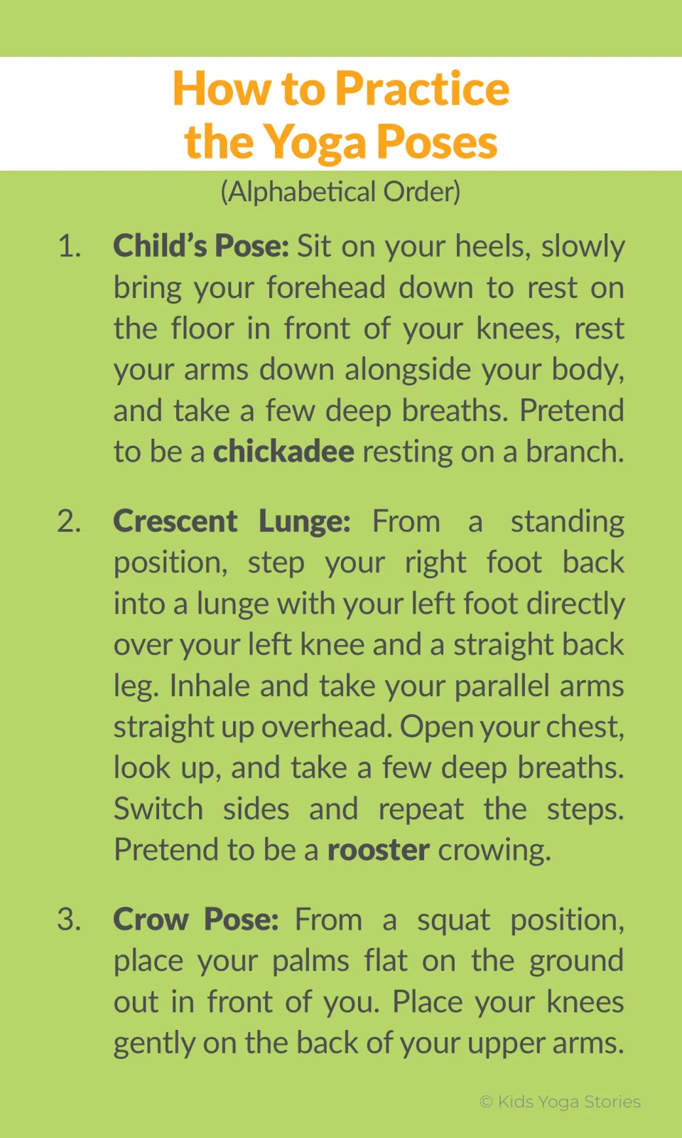 Poses A to Z: Child’s Pose as a resting chickadee, Crescent Lunge as a crowing rooster, and the start of Crow Pose