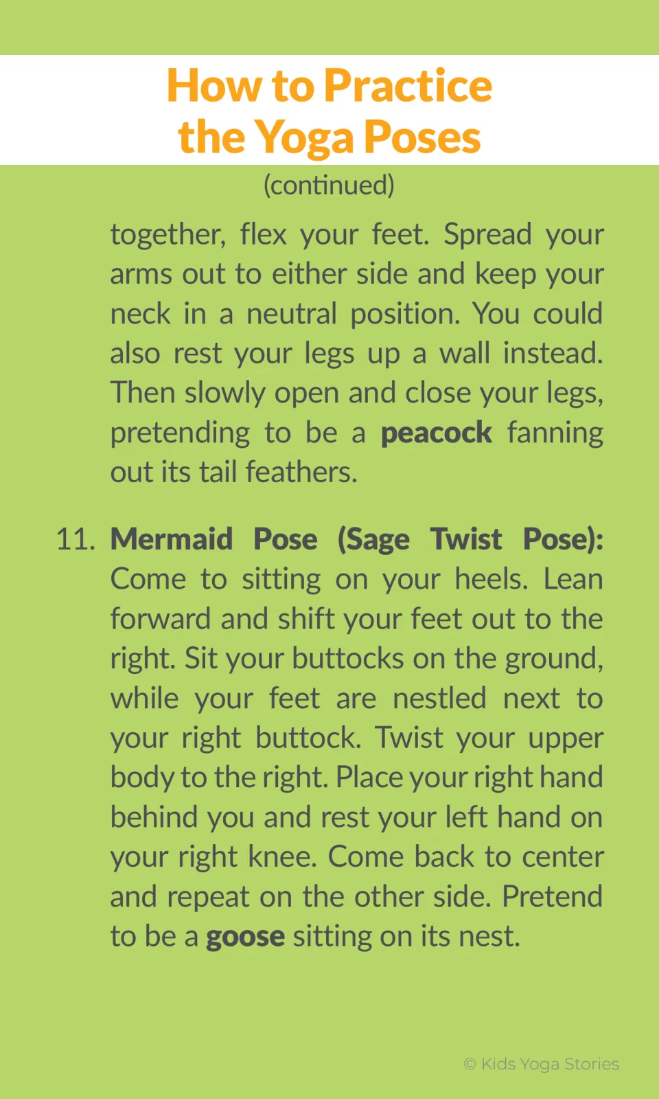 Pose steps continued: Legs Up the Wall, opening legs like a peacock tail, and Mermaid Pose as a goose on its nest