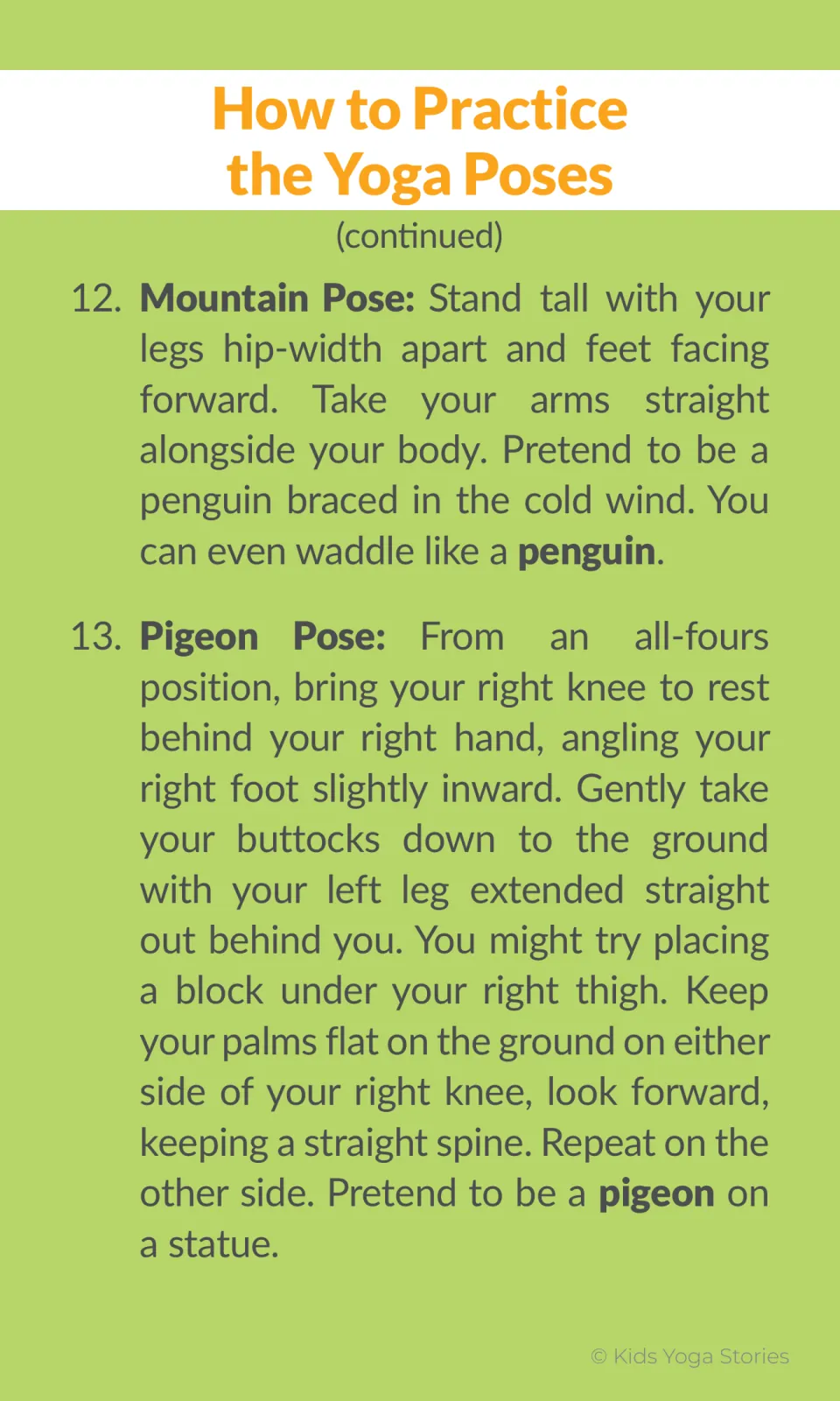 Pose steps continued: Mountain Pose as a penguin in cold wind, then Pigeon Pose from all fours as a pigeon on a statue