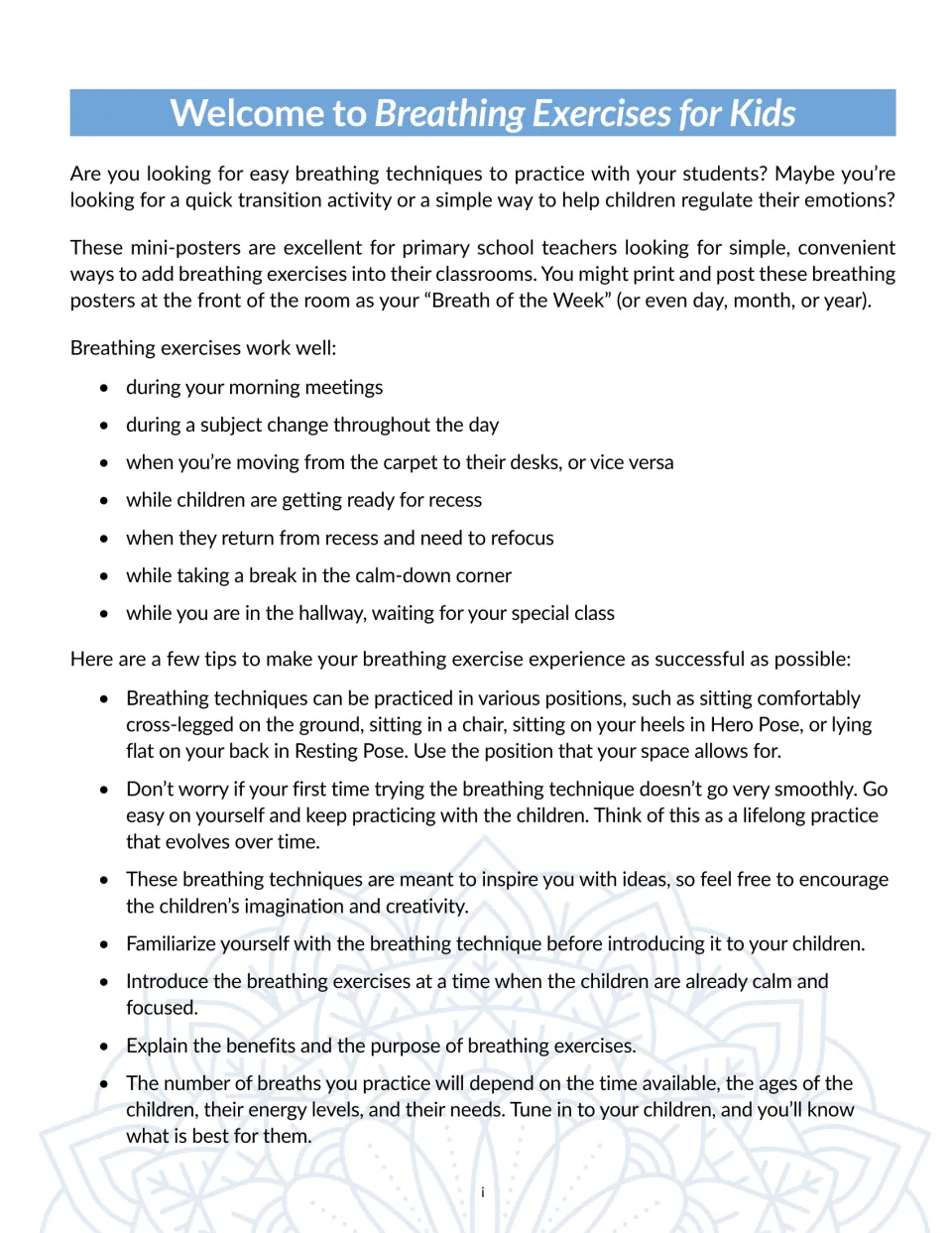 Welcome note listing when to use breathing exercises, such as morning meetings or recess, and tips on practice positions