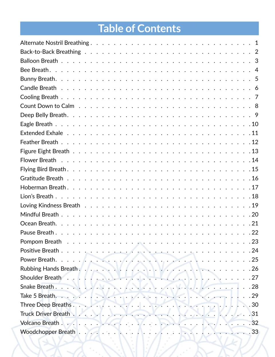 Table of contents listing 33 breathing techniques, from Alternate Nostril Breathing and Bee Breath to Woodchopper Breath