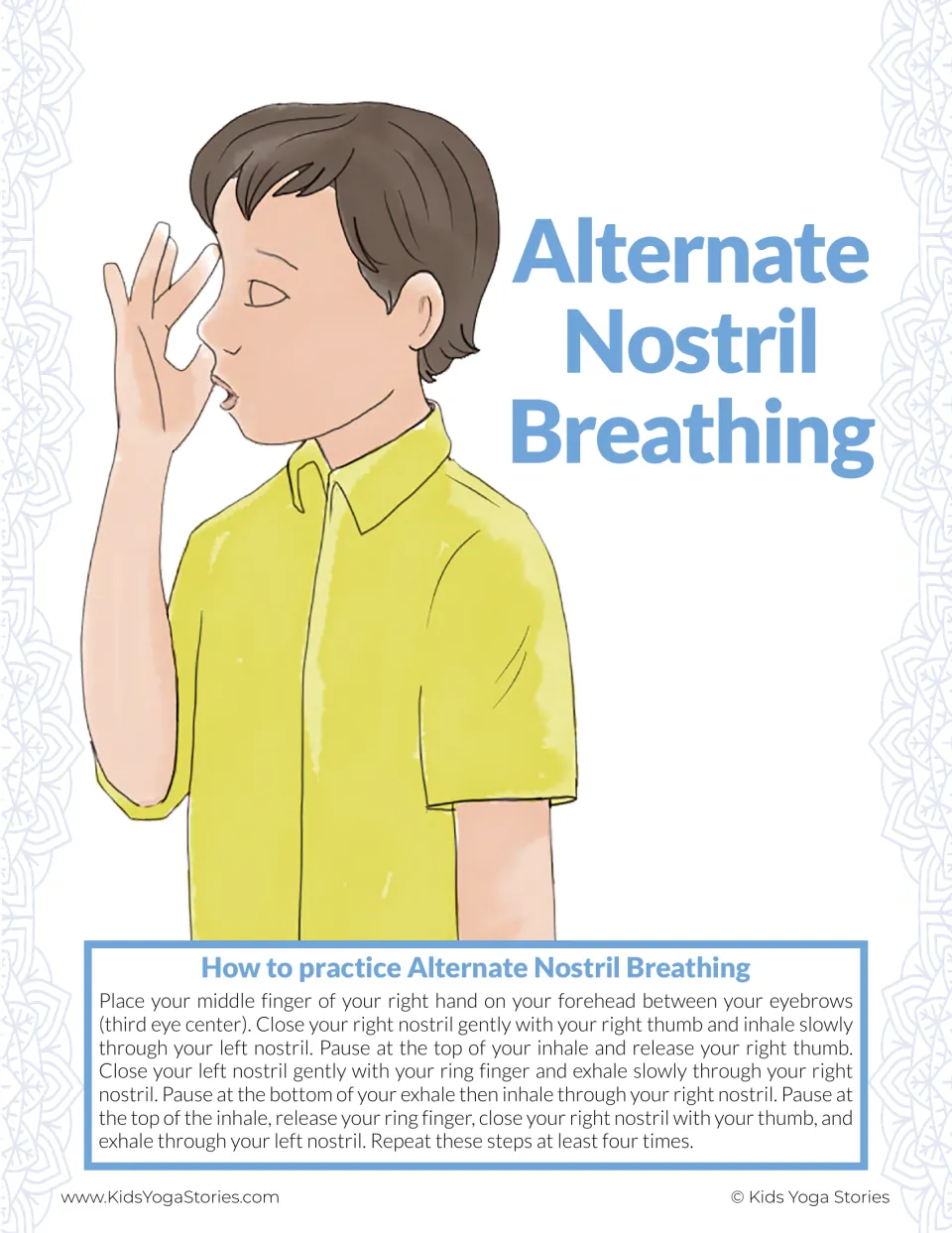 Alternate Nostril Breathing poster: a boy holds a hand to his nose, with steps to breathe in and out through each nostril