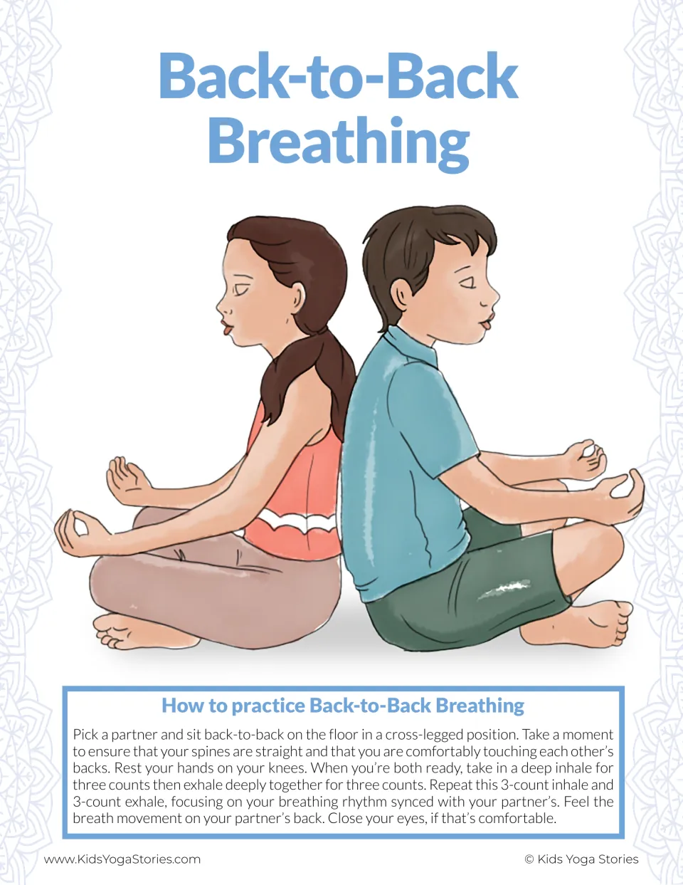 Back-to-Back Breathing poster: two children sit cross-legged spine to spine, inhaling and exhaling together for three counts