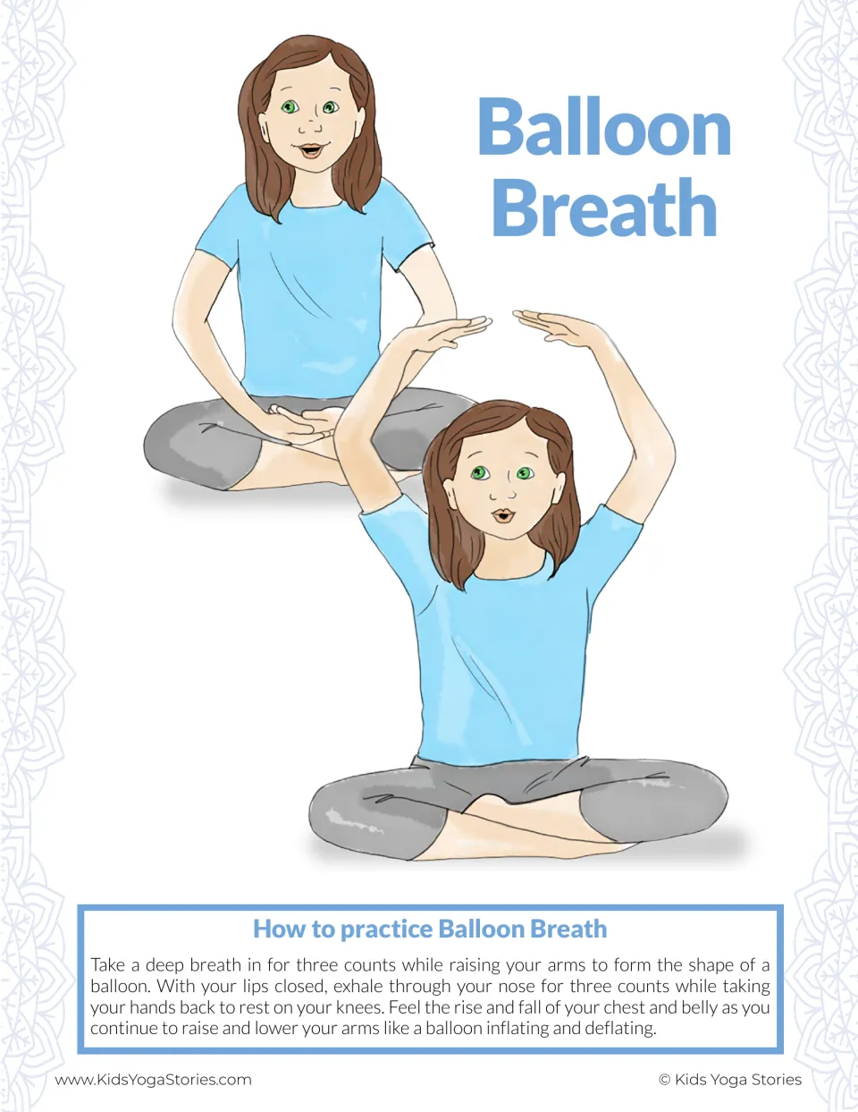 Balloon Breath poster: a girl raises her arms into a balloon shape on a 3-count inhale and lowers them as she exhales
