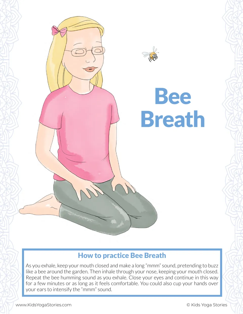 Bee Breath poster: a kneeling girl with eyes closed hums a long "mmm" sound on each exhale, buzzing like a bee
