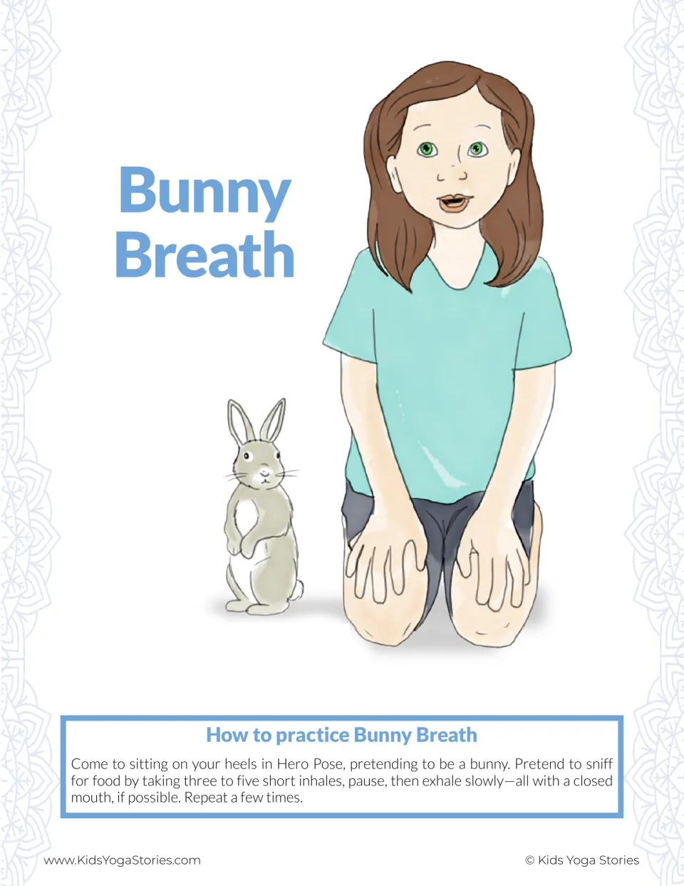 Bunny Breath poster: a girl sits on her heels in Hero Pose beside a rabbit, taking 3 to 5 short sniffs then a slow exhale
