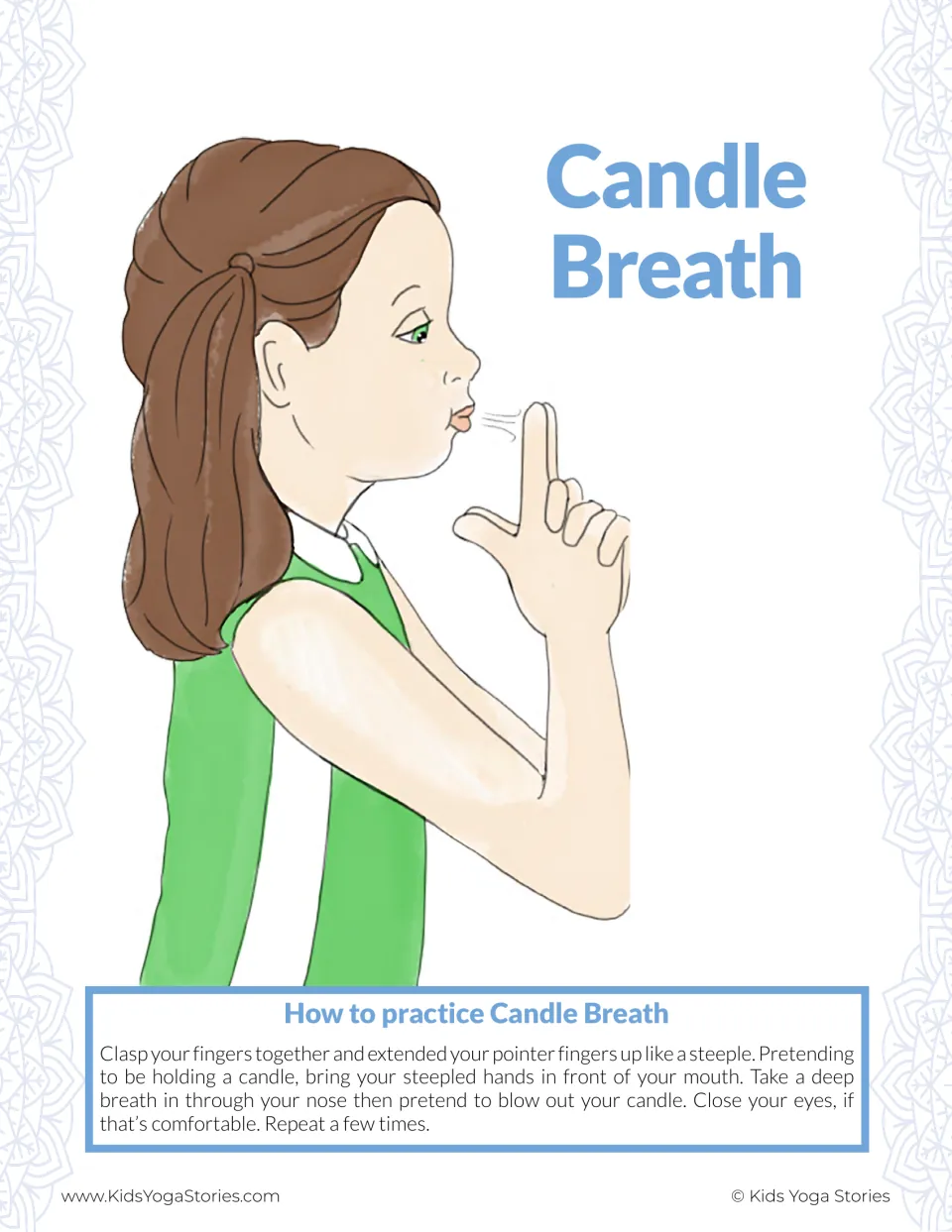 Candle Breath poster: a girl holds steepled pointer fingers like a candle and inhales through her nose, then blows it out