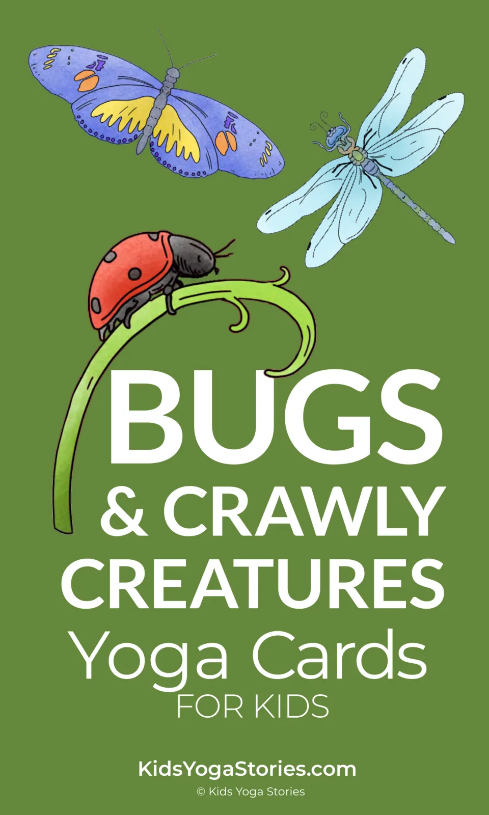 Bugs & Crawly Creatures Yoga Cards cover showing an illustrated butterfly, dragonfly and a ladybug on a green stem
