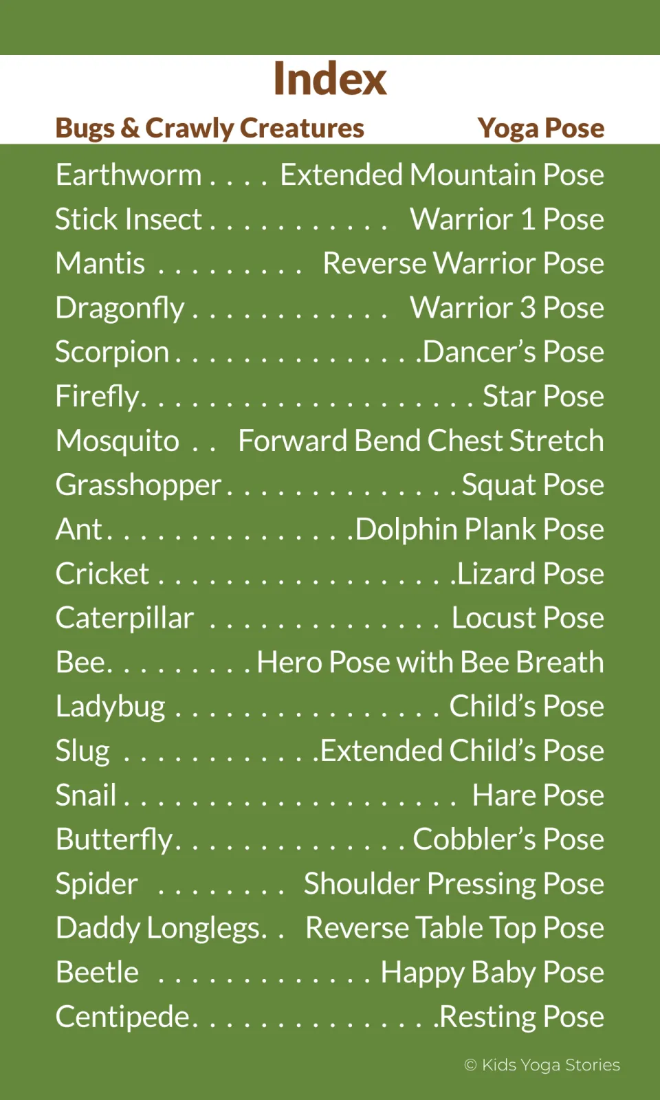 Pose index matching 20 creatures to yoga poses, from Earthworm as Extended Mountain Pose to Centipede as Resting Pose