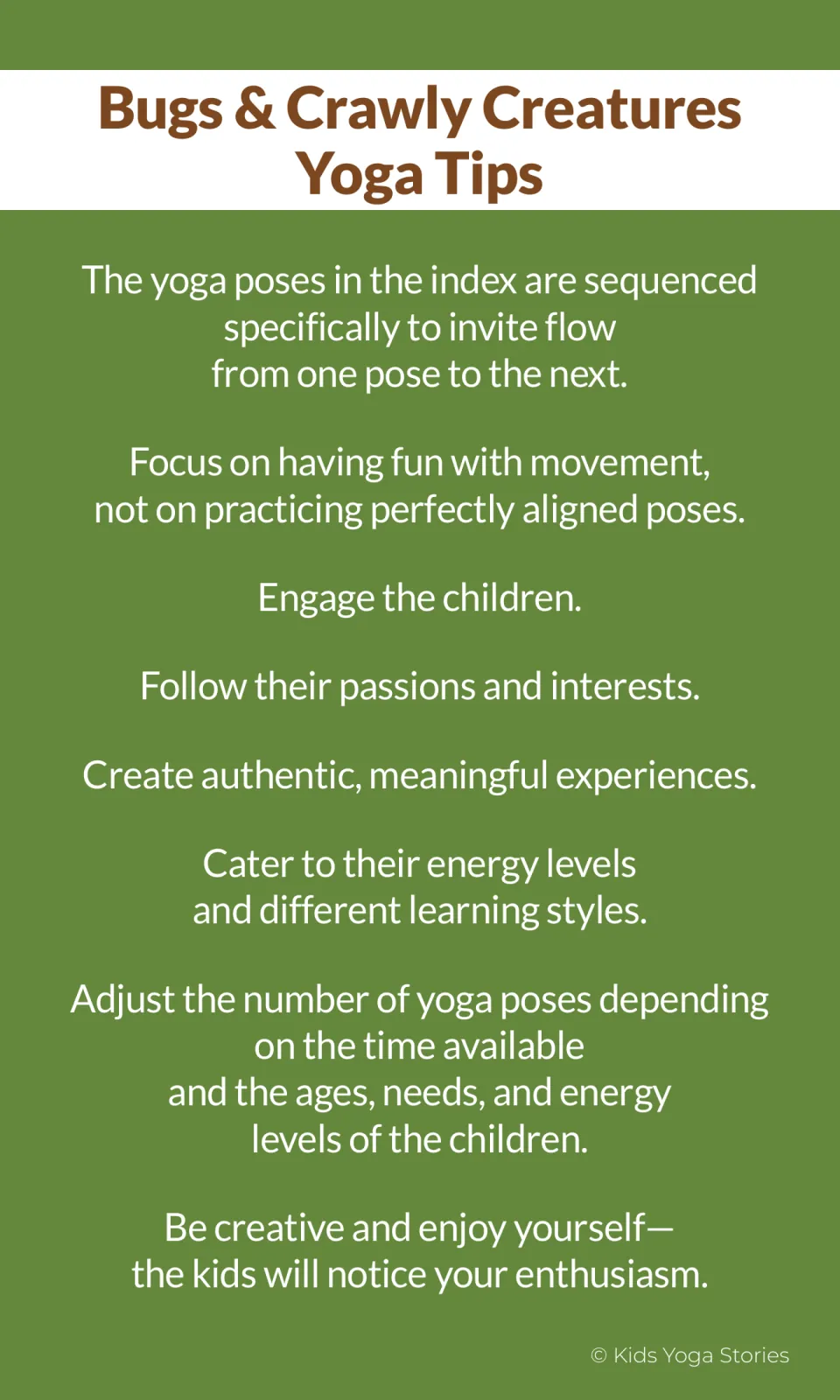 Yoga tips for leading the bug poses: follow the sequence, focus on fun over alignment and adjust to children's energy