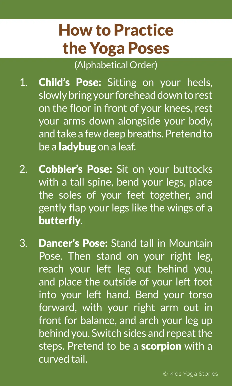 Pose how-to in A-Z order, items 1-3: Child's Pose as a ladybug, Cobbler's as a butterfly, Dancer's as a scorpion