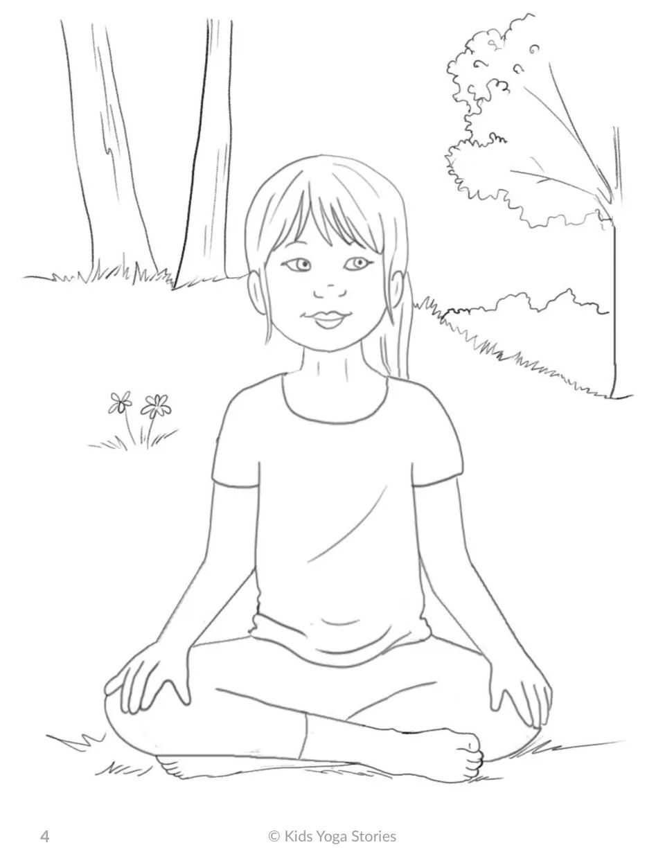 Easy Pose coloring page: a girl sits cross-legged with hands on her knees among trees, grass and flowers, ready to color