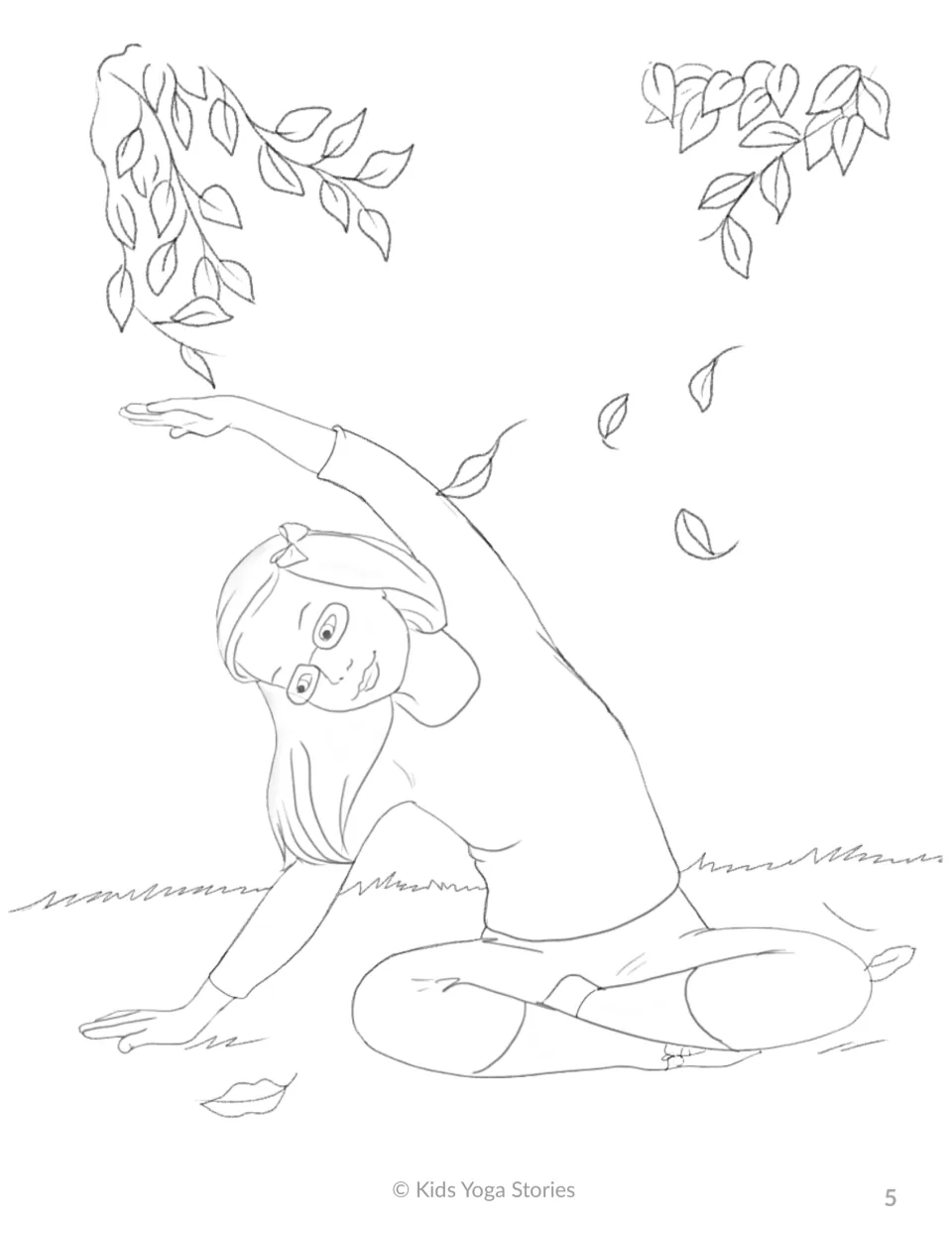 Seated Side Bend coloring page: a girl in glasses sits cross-legged and reaches one arm overhead as leaves fall around her