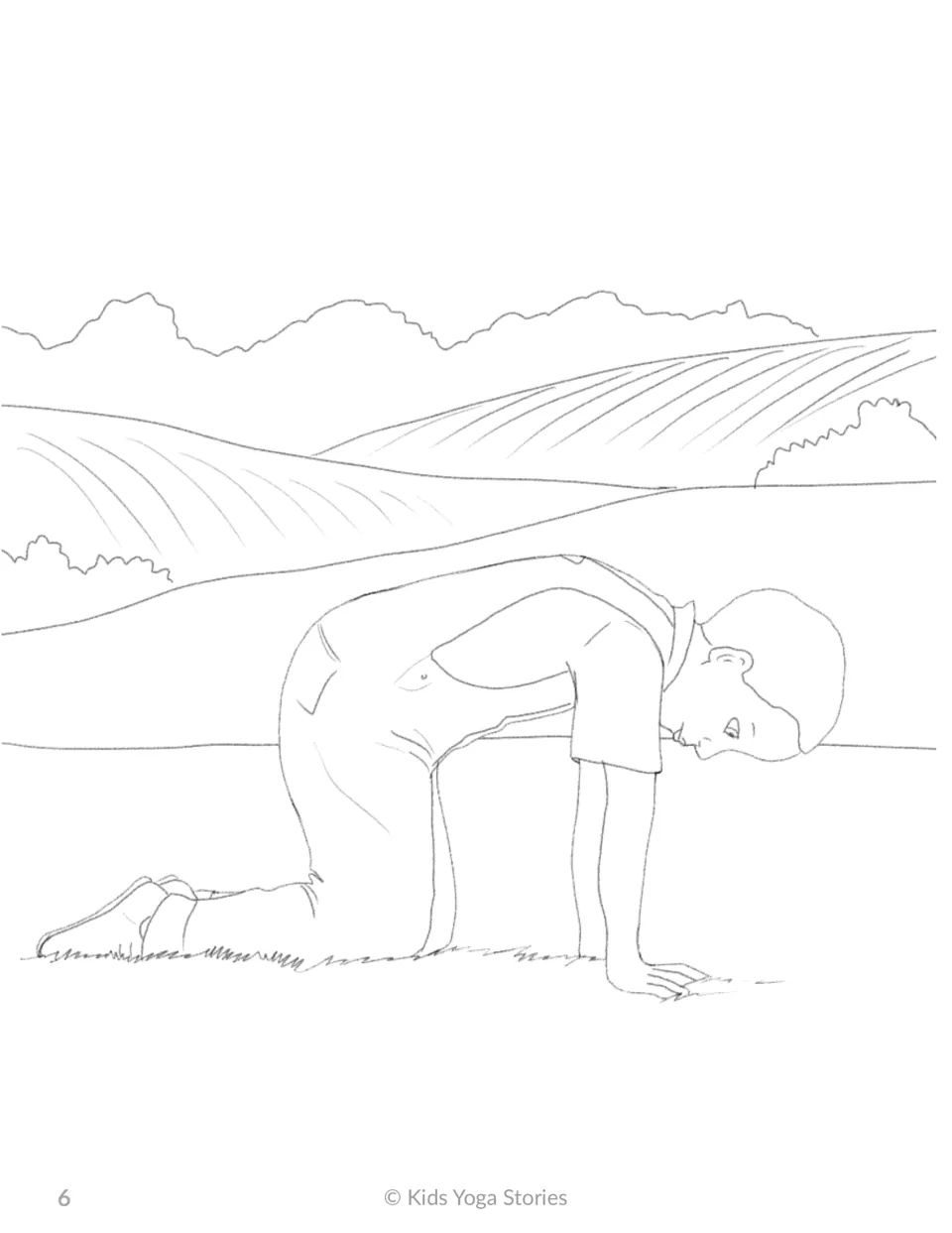 Cat Pose coloring page: a boy on hands and knees rounds his back and drops his head in front of rolling farm fields