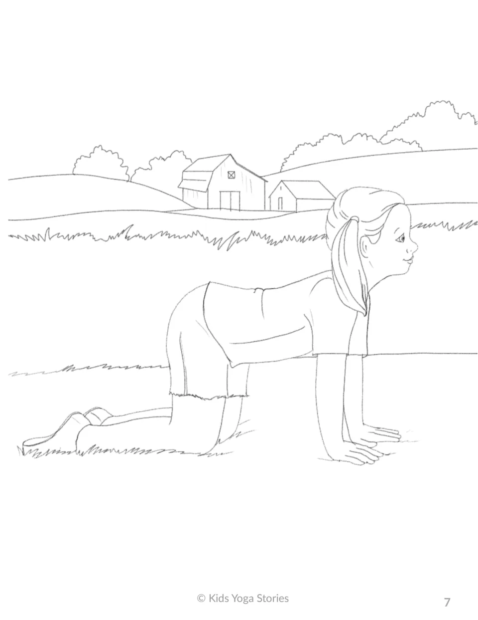 Cow Pose coloring page: a girl with a ponytail kneels on all fours, looking forward with a flat back near two farm barns