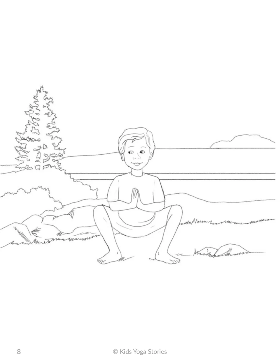 Squat Pose coloring page: a boy squats low with palms pressed together at his chest beside a lake, pine tree and rocks